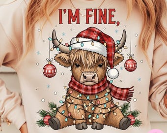 I'm Fine Everything is Fine Christmas PNG: Funny Highland Cow Holiday Lights with Santa Hat Sublimation Design