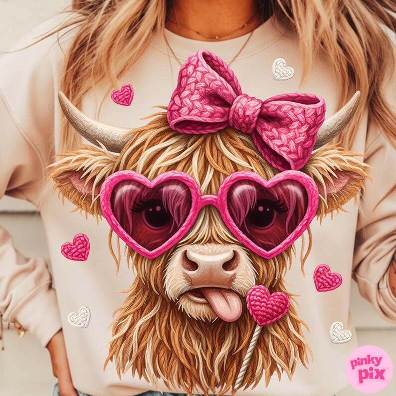 May include: A light beige sweatshirt featuring a whimsical illustration of a Highland cow. The cow has pink heart-shaped sunglasses, a pink bow, and a lollipop. Scattered around are pink and white heart-shaped embellishments. The text "pinky pix" is in the bottom right corner.