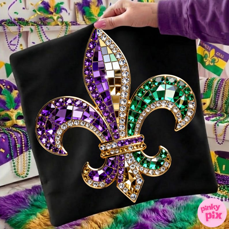 May include: Black pillow featuring a jeweled fleur-de-lis design in purple, green, and gold. The fleur-de-lis is embellished with sparkling crystals and set against a black background. The image has a Mardi Gras theme.