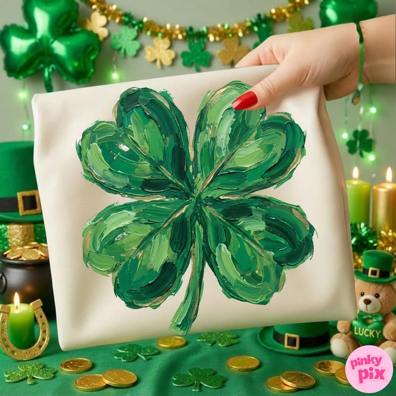 K&ouml;nnte beinhalten: Eine cremefarbene Leinwandtasche mit einem gro&szlig;en, strukturierten vierbl&auml;ttrigen Kleeblatt, das in Gr&uuml;nt&ouml;nen gemalt ist. Das Bild ist vor einem Hintergrund zum Thema St. Patrick's Day mit Goldm&uuml;nzen, Kleebl&auml;ttern und einem Teddyb&auml;ren platziert.