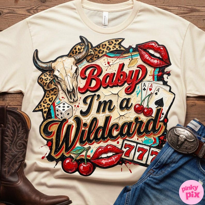 Może przedstawiać: Kremowa koszulka z nadrukiem przedstawiającym czaszkę byka, kości do gry, karty do gry, wiśnie i czerwone usta. Tekst "Baby I'm a Wildcard" jest wyraźnie widoczny. Widoczne brązowe kowbojki i niebieskie dżinsy.