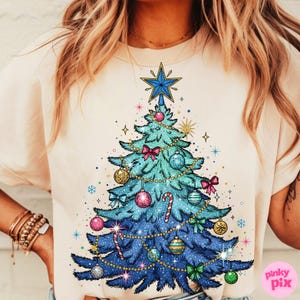Glitter Blue Christmas Tree Png, Bright Retro Coquette Sparkle Holiday Xmas Tree Sublimation, Preppy Festive Ornament Merry Christmas Png