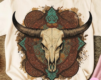 Western Bull Skull PNG, Boho Country Cow Skull Clipart, Vintage Western Sublimation, Rustic Rodeo Cowgirl Shirt Design