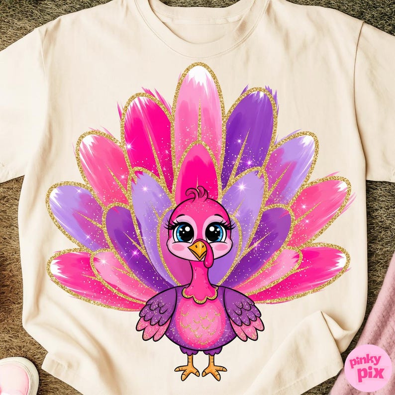 May include: A cream-colored t-shirt featuring a cartoon turkey with a vibrant, colorful design. The turkey has a pink body, purple wings, and a fanned tail in shades of pink and purple, accented with gold glitter. The turkey has big blue eyes.