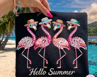 Rhinestone Hello Summer Flamingo PNG: Sparkle Bling Crystal Mosaic Jewel Diamond, Trending Digital Download