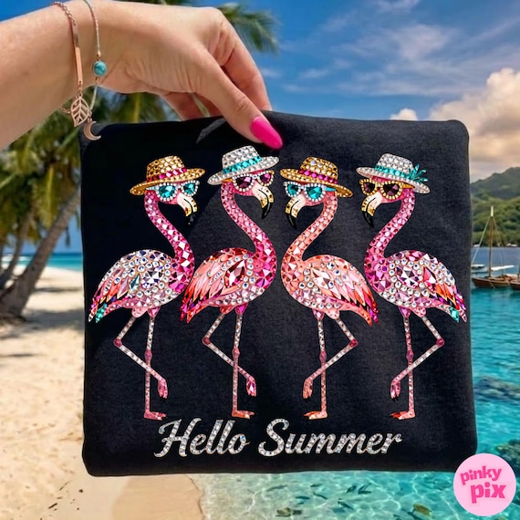 Rhinestone Hello Summer Flamingo PNG: Sparkle Bling Crystal Mosaic Jewel Diamond, Trending Digital Download