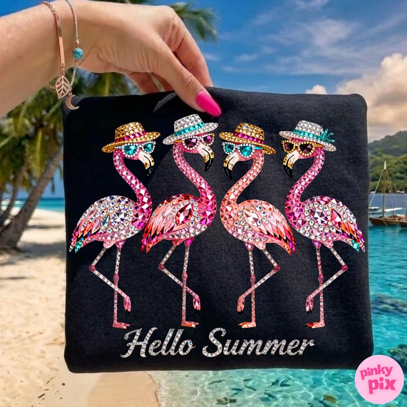 May include: Black tote bag featuring four pink flamingo illustrations, each adorned with hats and sunglasses. The flamingos are embellished with sparkling gems. The words "Hello Summer" are printed in white script. The background shows a tropical beach scene.