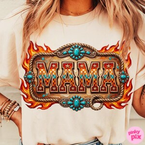 Western Mama PNG: Turquoise Retro Cowgirl Aztec Flame Cowgirl Graphic Sublimation Design, Digital Download image 5