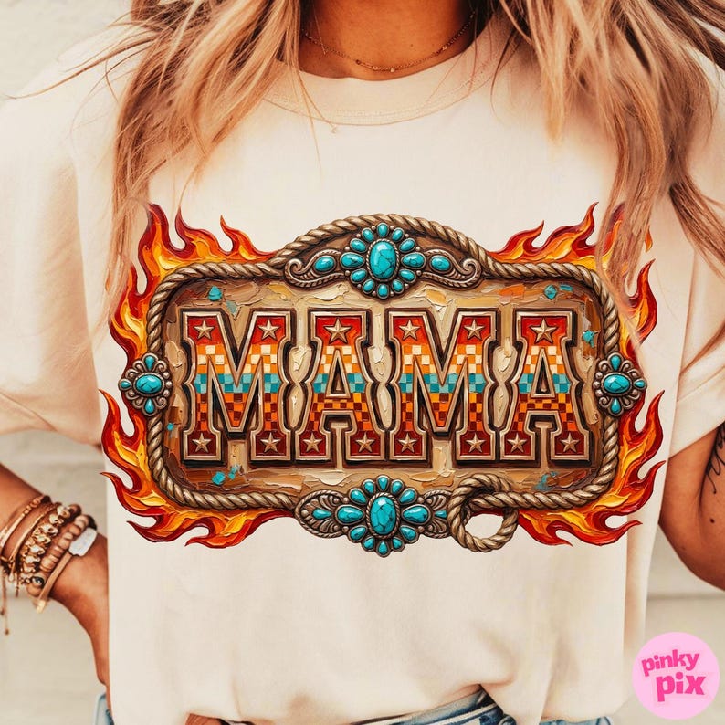 Western Mama PNG: Turquoise Retro Cowgirl Aztec Flame Cowgirl Graphic Sublimation Design, Digital Download image 5