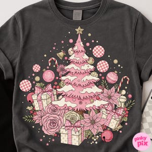 Retro Pink Winter Tree Png, Pink Christmas Png, Girly Coquette Pastel Holiday Tree Shirt Png, Cute Pink Xmas Gifts Poinsettia Ornaments Png