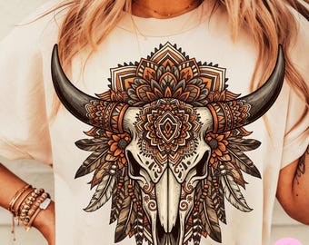 Boho Western Bull Skull Png, Rustic Cow Skull Mandala Sublimation, Floral Southwestern Skull Design, Vintage Bohemian Digital Download