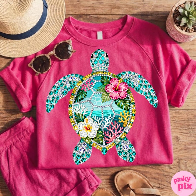 May include: A pink crew neck t-shirt featuring a detailed, bejeweled sea turtle design. The turtle has turquoise, yellow, and pink accents, with a tropical ocean scene inside the shell. Accessories include a straw hat, sunglasses, and pink shorts.