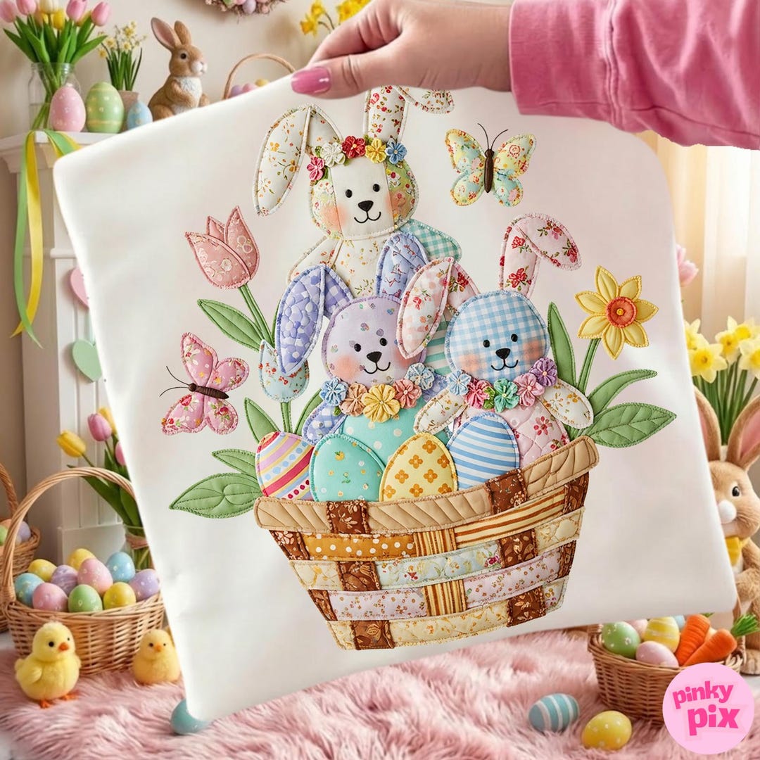 Patchwork Easter Bunny Floral Basket PNG: Grandma Core Spring ...