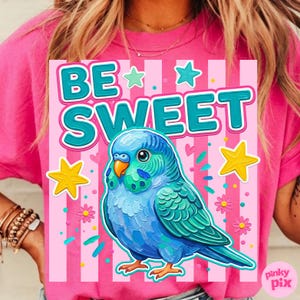 May include: Pink t-shirt with a graphic featuring a blue parakeet and the words "BE SWEET" in teal. The design includes stars, flowers, and confetti on a pink striped background.