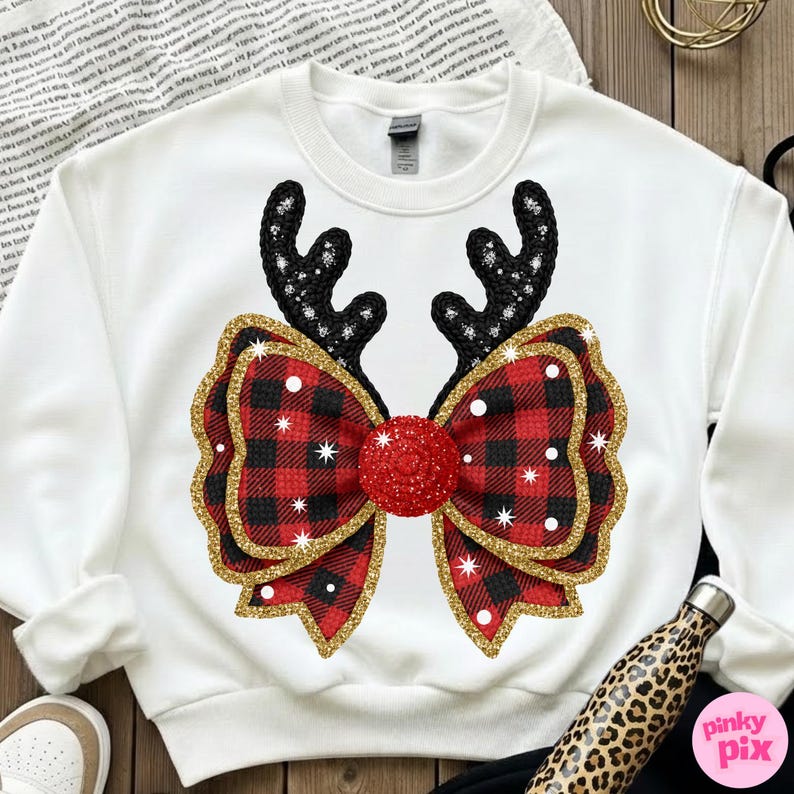 Fuskgarn Buffalo Rutig Rosett PNG: Glitter Antler Jul Sublimeringsdesign bild 8