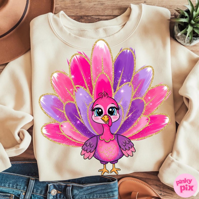 May include: Cream-colored sweatshirt featuring a cartoon turkey with a vibrant pink, purple, and gold glitter feather design. The turkey has big blue eyes and a pink body. The design is centered on the front of the sweatshirt.