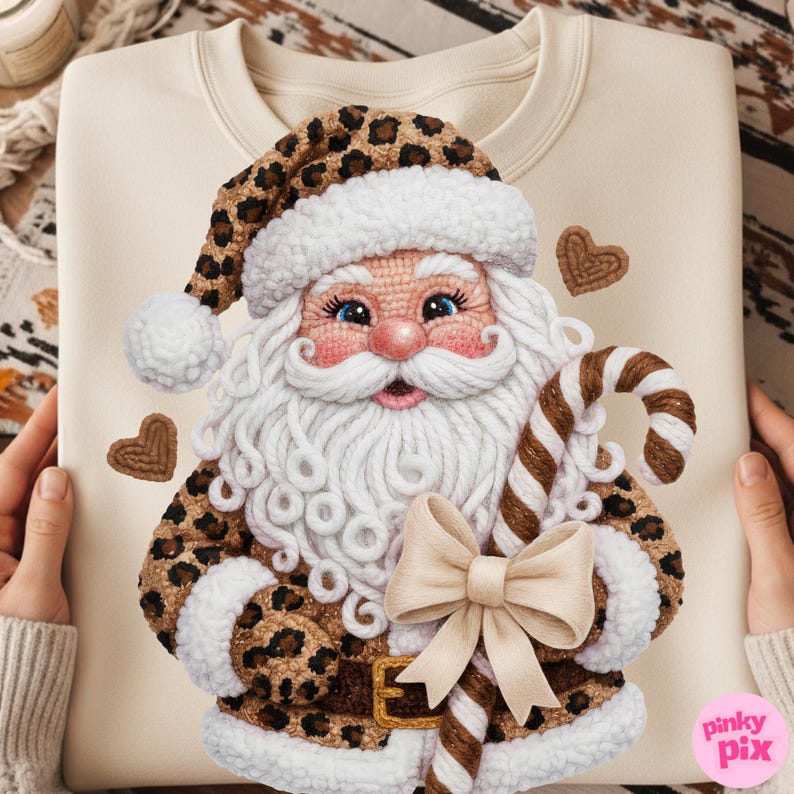 May include: Cream-colored sweatshirt featuring a detailed Santa Claus design. Santa is depicted with a white beard, rosy cheeks, and a leopard print hat and jacket. He holds a candy cane and a bow. Two heart-shaped accents are also present.