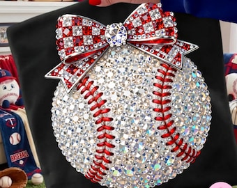 Rhinestone Baseball Bow PNG: Bling Sparkle Sports Ball Game Day Sublimation Design, Digital Download