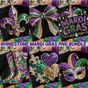 Puede incluir: Una colección de diseños de Mardi Gras con pedrería sobre fondos negros. Los diseños incluyen una flor de lis, un lazo, las palabras "Mardi Gras", botas de vaquero, corazones y una máscara. También está presente el texto "RHINESTONE MARDI GRAS PNG BUNDLE".