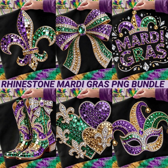 Mardi Gras Rhinestone PNG Bundle: Sparkle Bling Crystal Mosaic Jewel DTF Design, Digital Download