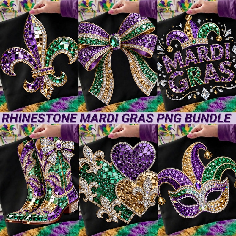 May include: A collection of rhinestone Mardi Gras designs on black backgrounds. The designs include a fleur-de-lis, a bow, the words "Mardi Gras", cowboy boots, hearts, and a mask. The text "RHINESTONE MARDI GRAS PNG BUNDLE" is also present.