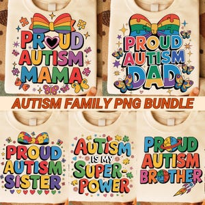 Autism Family PNG Bundle, Puzzle Piece Matching Shirts, Mom Dad Kids Sublimation Clipart, Proud Autism Awareness Design image 1