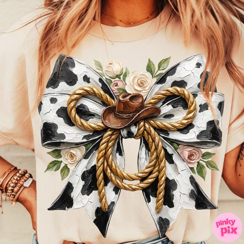 Easter Western Bow PNG: Cow Print Floral Spring Rodeo Sublimation Design, Trending Digital Download image 2