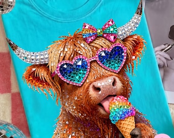 Summer Highland Cow PNG: Rhinestone Bling Sparkle Crystal Ice Cream Shirt Design