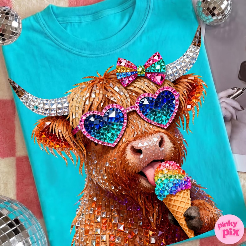 May include: A turquoise t-shirt featuring a whimsical illustration of a Highland cow wearing heart-shaped sunglasses and a bow, with a rainbow ice cream cone. The cow's fur is adorned with sparkling embellishments.