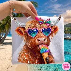 May include: White square towel featuring a Highland cow with heart-shaped sunglasses and a rainbow ice cream cone. The cow has a sparkly bow and crystal-studded horns. The image is set against a tropical beach backdrop.