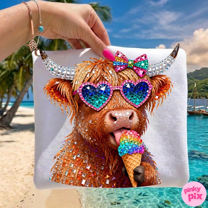 May include: White square towel featuring a Highland cow with heart-shaped sunglasses and a rainbow ice cream cone. The cow has a sparkly bow and crystal-studded horns. The image is set against a tropical beach backdrop.
