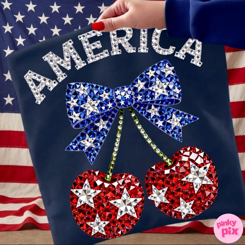America Cherry Rhinestone PNG: Patriotic Stars Sparkle Bling Crystal Mosaic Jewel DTF Design image 1