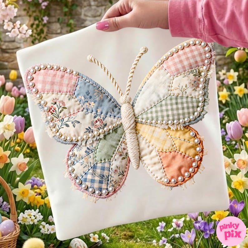 May include: A fabric butterfly wall hanging featuring a patchwork design of floral, gingham, and solid pastel-coloured fabric segments. The butterfly wings are outlined with small white beads and the body is constructed from wrapped cream-coloured rope.