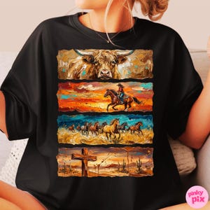 May include: Black t-shirt featuring a four-panel design with a Western theme. The top panel shows a longhorn, the second a cowgirl riding a horse, the third a herd of horses, and the bottom a cross in a desert landscape.
