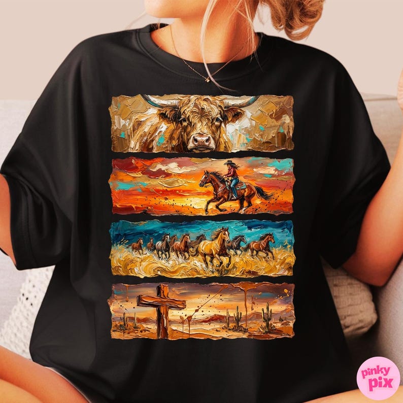 May include: Black t-shirt featuring a four-panel design with a Western theme. The top panel shows a longhorn, the second a cowgirl riding a horse, the third a herd of horses, and the bottom a cross in a desert landscape.