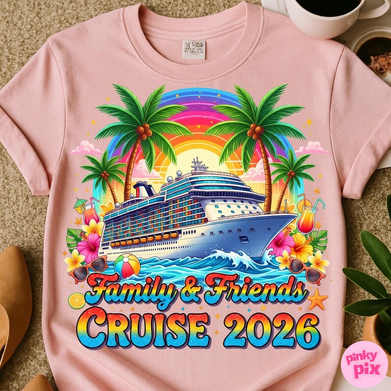 Może przedstawiać: R&oacute;żowa koszulka z kolorowym wzorem statku wycieczkowego. Projekt zawiera palmy, tęczę i napis "Family & Friends CRUISE 2026". Występują r&oacute;wnież tropikalne kwiaty, okulary przeciwsłoneczne i piłka plażowa.
