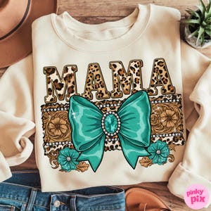 Western Mama PNG – Turquoise Bow Leopard Print Sublimation, Cowgirl Glam Mom Clipart for Mother’s Day Shirt image 6