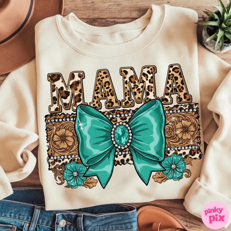 Western Mama PNG – Turquoise Bow Leopard Print Sublimation, Cowgirl Glam Mom Clipart for Mother’s Day Shirt image 6