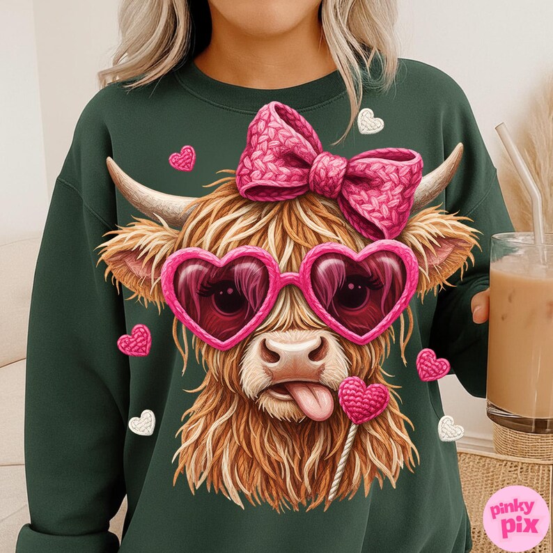 May include: Dark green sweatshirt featuring a whimsical illustration of a Highland cow. The cow has heart-shaped sunglasses, a pink bow, and a lollipop. Pink and white hearts are scattered around the cow.