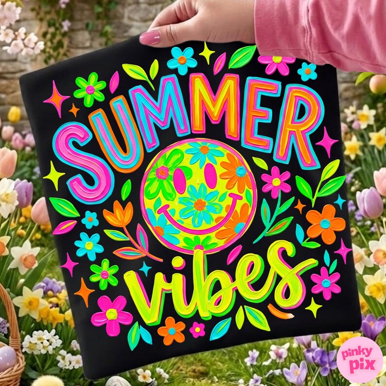 May include: Black tote bag with the words "SUMMER VIBES" in bright neon colors. The design includes a smiley face made of flowers and colorful floral accents. The bag is held up by a person.