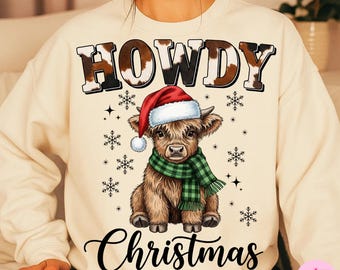 Howdy Christmas Highland Cow PNG: Cute Western Calf Santa Hat Sublimation Design