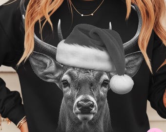Ciervo navideño PNG: Diseño DTF de semitono de tinta blanca con gorro de Papá Noel vintage para camisetas
