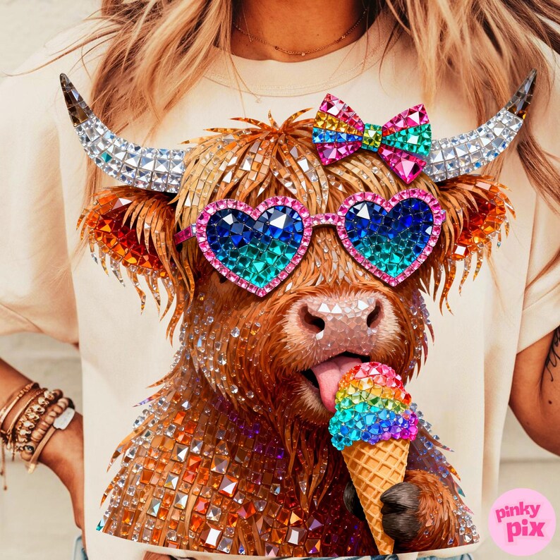 May include: A beige t-shirt featuring a rhinestone-covered Highland cow wearing heart-shaped sunglasses and a bow. The cow is licking a rainbow ice cream cone. The horns are adorned with rhinestones, and the image has a sparkly, glittery effect.