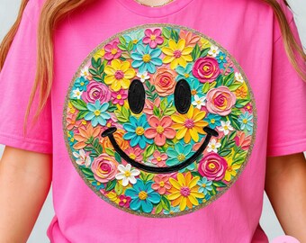 Imagen PNG de carita sonriente: Diseño de sublimación con pinceladas florales coloridas, descarga digital.