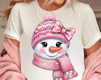 Pink Snowman Png, Retro Coquette Bow Christmas Png, Cute Girly Winter Snowman Clipart, Pink Hat Scarf Snowman Christmas Sublimation Design