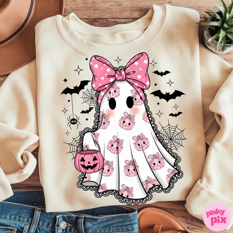 May include: Cream-coloured sweatshirt with a cute ghost design. The ghost has a pink bow and holds a pumpkin bucket. Decorated with pink pumpkins and black lace trim, with bats, spiders, and spiderwebs for a Halloween theme.