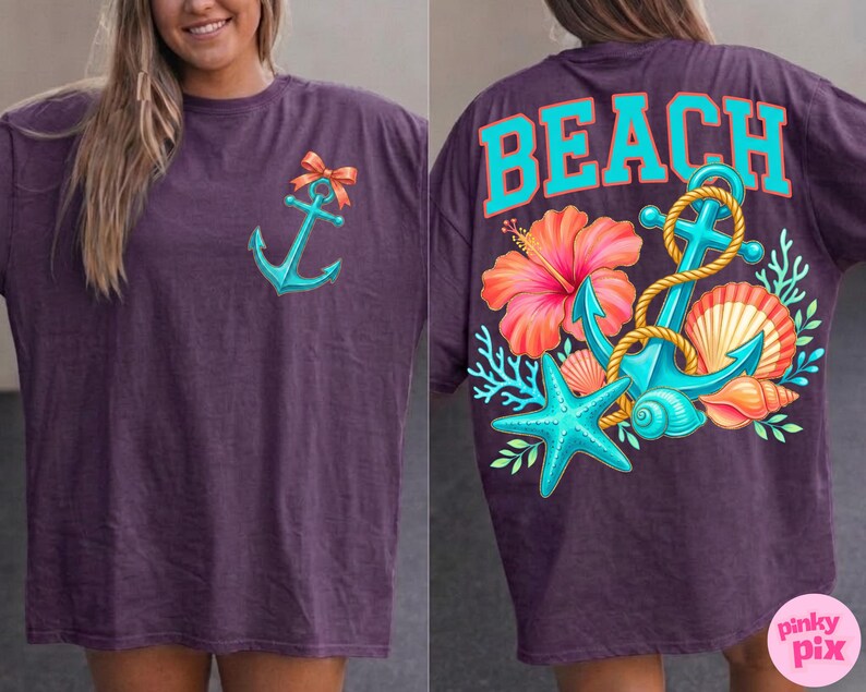May include: A purple t-shirt with a teal anchor graphic and orange bow on the front. The back features the word "BEACH" in teal, along with a floral and nautical design including an anchor, starfish, and seashell.
