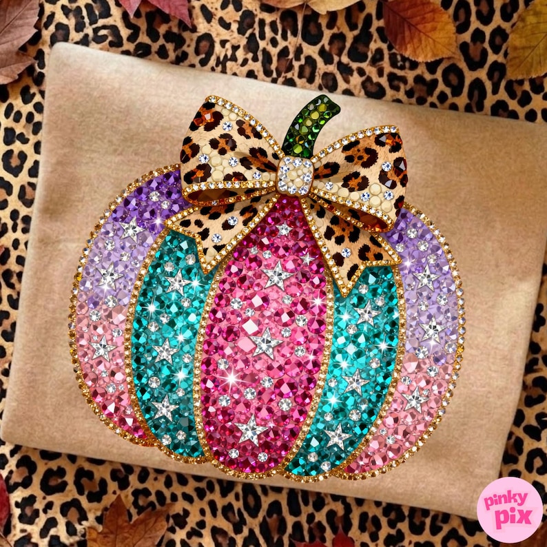 Op de afbeelding: Een decoratief pompoenornament bedekt met veelkleurige strass-steentjes in roze, turquoise en paarse tinten, voorzien van zilveren steraccenten. Een strik met luipaardprint en gouden rand zit bovenop, met een steeltje van groene strass-steentjes.