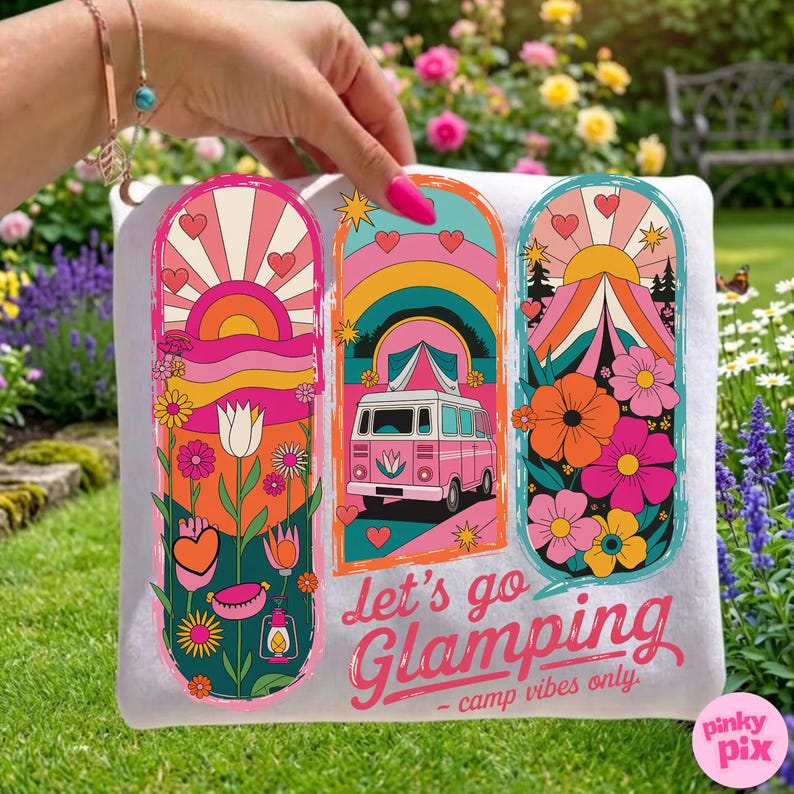 May include: White rectangular pillow with three vertical retro-style illustrations. Each features a colorful design of a sun, flowers, and a camper van. Text reads "Let's go Glamping - camp vibes only."