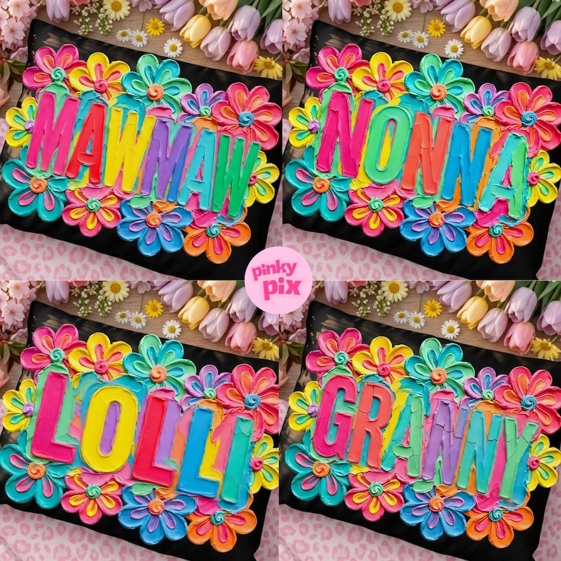 Mormor PNG-paket: Mawmaw, mormor, Lolli, Nonna Färgglad blommig penseldrag Mors dag, digital nedladdning bild 1